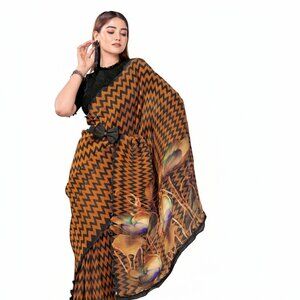 Elegant Ready-to-Wear Saree with Sequins Embroidery - Geometric and Floral